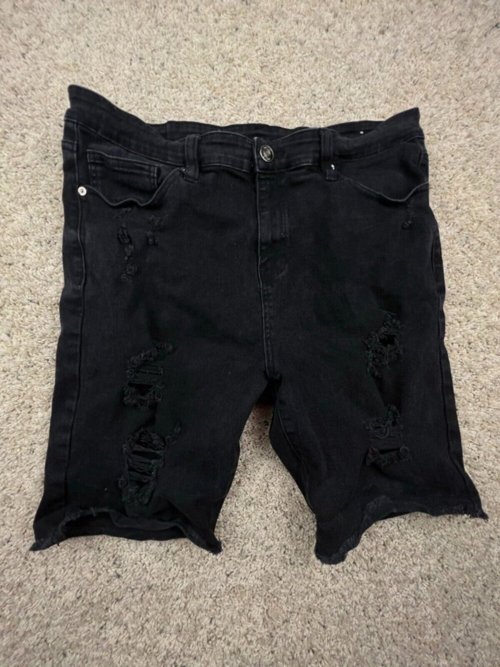 Rue 21 Premium Black Cutoff Jean Shorts Distressed Jorts Size 38 Elastic Waist